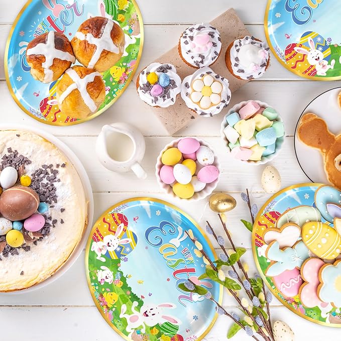 Happy Easter Oval Paper Plates 10" x 12" Serve 50, Floral Easter Party Supplies with Cute Bunny Chick Colorful Eggs Disposable Bunny Paper Dinnerware Set for Spring Holiday Birthday Party Baby Shower