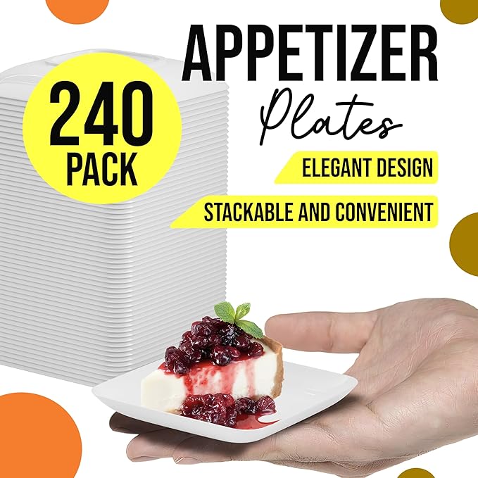 Exquisite Tiny Mini Appetizer Plates - 240 Pack 2.4 In. x 2.4 In. White Plastic Disposable Dessert Plates - BPA Free for Weddings