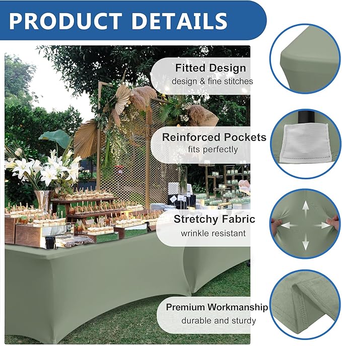 Stretch Table Cover for 6 Foot Rectangle Tables-6 Pack Sage Spandex Fitted Tablecloth-Elastic 6ft Folding Tablecloths for Party, Vendor Booth Display, Banquet Buffet Event, Craft Trade Show