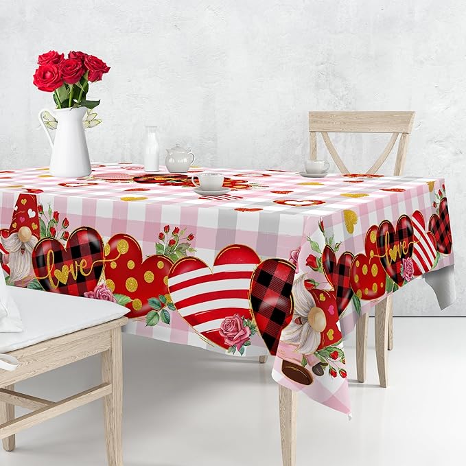 Valentines Day Tablecloth, Valentines Tablecloth Rectangle 52 x 70 with Red Heart and Roses, Valentines Oblong Table Cloth Gnome Holiday Kitchen Table Cover for Dining Room Indoor Decor