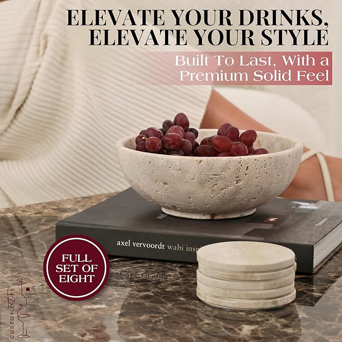 Gusto Nostro Neutral Travertine Coasters - Absorbent Stone Coasters Set of 8 - High-end, Natural Limestone Coaster for Drinks - Anti-Slip Felt Backing Travertine Coaster for Countertop, Coffee Table
