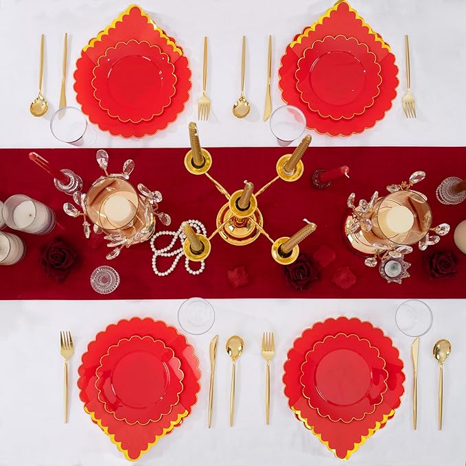 LIYH 210 Pcs Red Plastic Plates - Red Disposable Plates and Napkins Set, Gold Scalloped Plastic Plate Include Dinner & Dessert Plate, Silverware, Cups for Valentine's Day 30 Guests