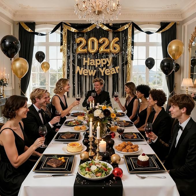 Liacere 100PCS Black and Gold Square Plastic Plates-50PCS Dinner Plate and 50PCS Dessert Plate-Durable Fancy Disposable Plates for Party & New Year & Martin Luther King Jr. Day
