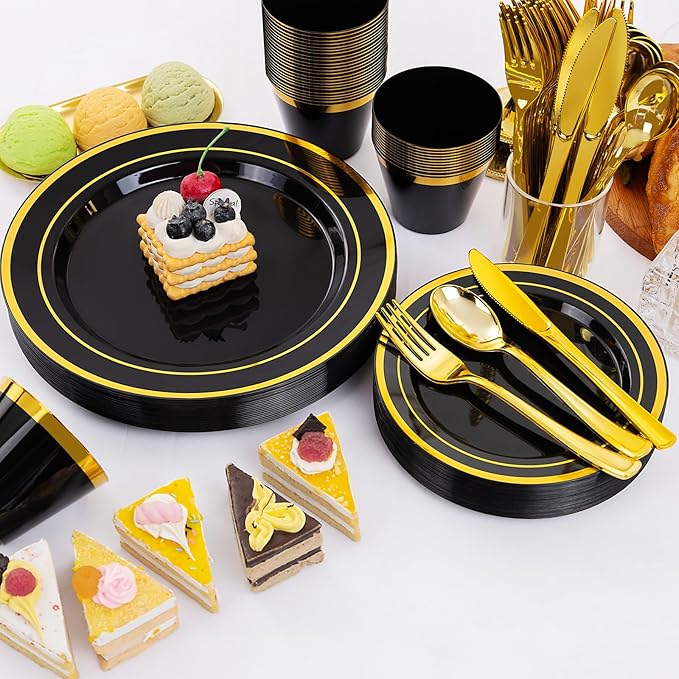 WELLIFE 450 PCS Black and Gold Disposable Dinnerware Set for 75 Guests, Plastic Plates for Party, Gold rimmed Dinner Salad Plates,Cups,Silverware Set for Halloween Party and Celebration