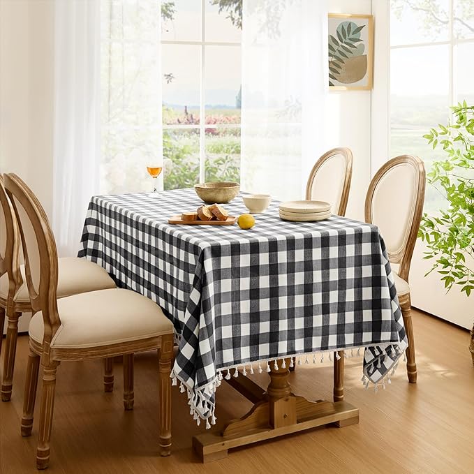 Softalker Checkered Tablecloth Rectangle, Outdoor Linen Cotton Gingham Table Cloth with Tassel, Heavy Duty Wrinkle Free Buffalo Plaid Table Cover for Kitchen Dining Home Party - 55 x 70 Inch, Black