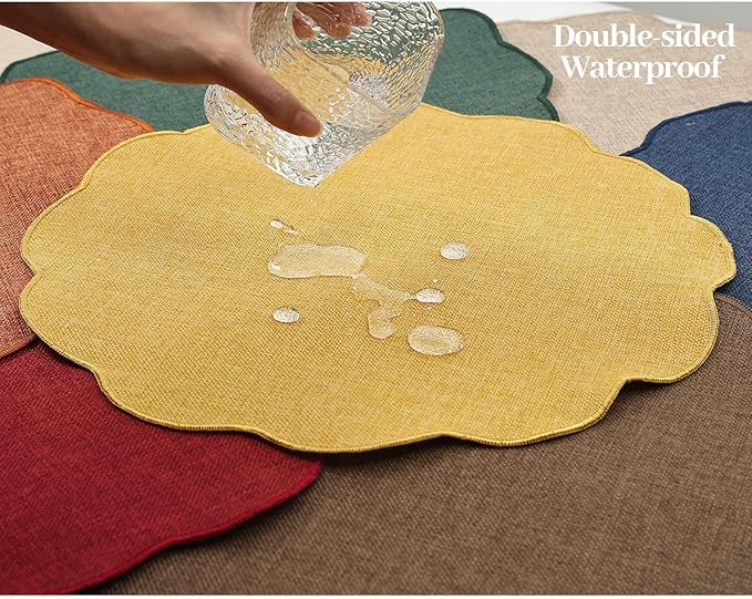 AHHFSMEI Round Faux Linen Placemats Set of 6 Waterproof Table Mats Heat Resistant Non-Slip and Stain Proof for Kitchen Dining Elegant Decor (Brown,6)