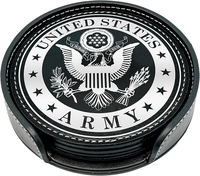 US Army Leather Coaster Set - 4 Premium Coasters with Hot Stamped Foil Logo-Gifts for Soldiers | Disabled Vet Owned Business-US-Army Coaster-Set