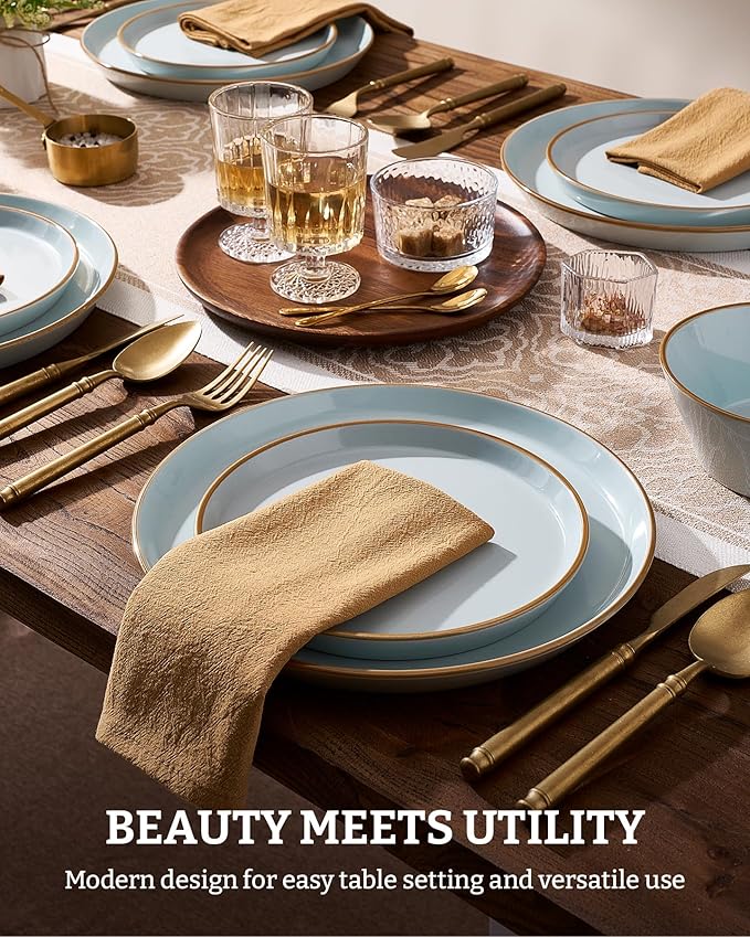 Famiware Saturn Plates and Bowls Dish Sets for 6 (18 Pieces), Stoneware Dinnerware Set with Hand-Painted Trim - Chip & Scratch Resistant, Microwave & Dishwasher Safe Ceramic Dishes, Light Blue