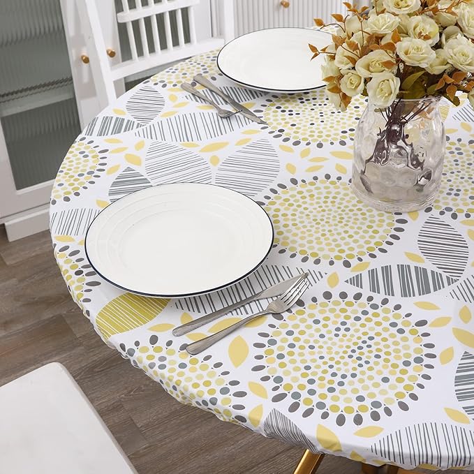 Walrus Round Vinyl Fitted Tablecloth with Flannel Backing Elastic Edge Design Table Cover Waterproof Oil-Proof PVC Table Cloth Stain-Resistant Best for 32"-36" Round
