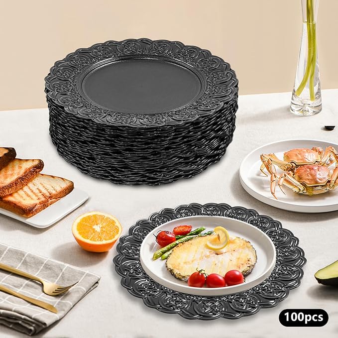 100 Pcs Antique Charger Plates Bulk, 13in Reusable Serving Plates Embossed Rim Plastic Party Dinner Plate Chargers Round Decorative Server Plate for Wedding Party Event Tableware
