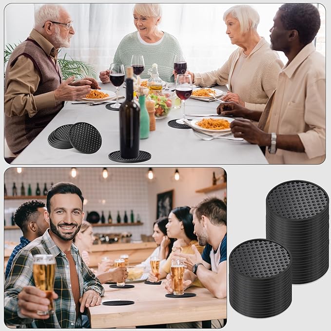 Eccliy 60 Pack Silicone Coasters for Drinks Nonslip Silicone Drink Coasters Cold Hot Heat Resistant for Table Tabletop Coffee Bar (Black)