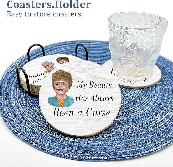 6 PCS Golden Girls Cork Coasters for Drinks,Golden Girls TV Show Merchandise,Funny Set with Coaster Holder,Golde Girl Kitchen Decor,Golde Girl TV Themed Coasters Gifts for Fans