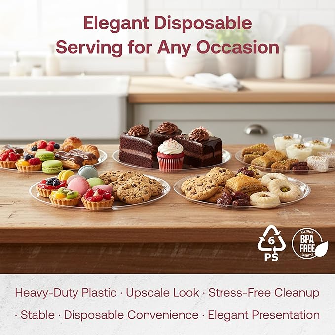 Smarty Had A Party 16 Inch Clear Round Plastic Serving Tray – Heavy-Duty Plastic Serving Trays for Catering, Parties & Buffets, Elegant Disposable Party Platters for Food – Set of 25