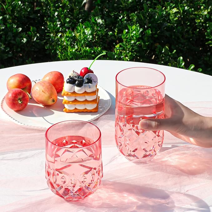 Acrylic Drinking Glasses Set of 12 Pink Mixed Drinks Glassware Unbreakable Palstic Tumbler and Rocks Glass Set 6pcs 18oz Highball and 6pcs 12 oz Cocktail Glasses for Cocktail Iced Coffee Beer Whiske
