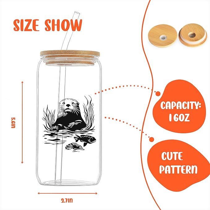 Cute Sea Otter Glass Cup With Lids And Straws, Sea Otter Gift For Women, Iced, Coffee, Smoothie, Cocktail, Beer, Whiskey, Soda, Matcha,16 Oz, Home Office Table Desk Decoration!
