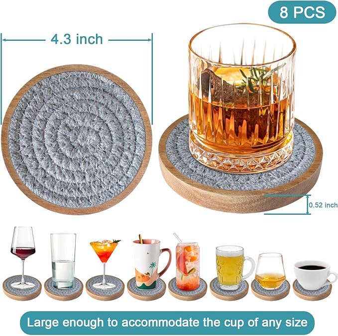 Wood Coasters for Drinks, Absorbent Coaster Sets of 8, Woven Drink Coasters for Coffee Table, Housewarming Gift for Farmhouse Home Decor,4.3 inches Gray