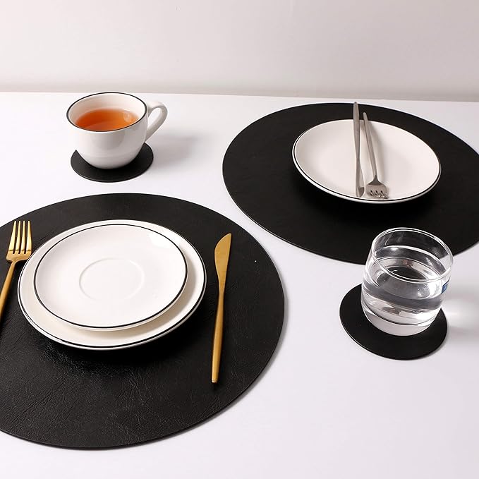 Embossed PU Leather Placemats, Waterproof Coffee Coasters, Kitchen Table Mats, Easy to Wipe Off for Dining Round Table
