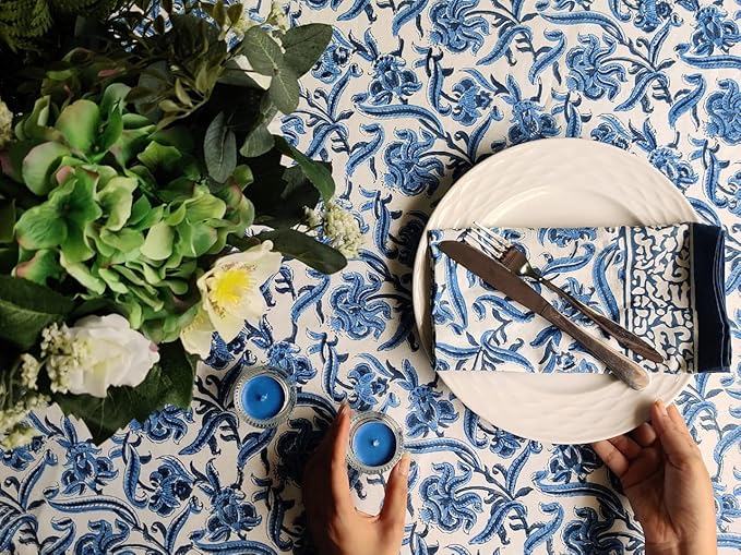 ATOSII Midnight Bloom 100% Cotton Summer Tablecloth, Block Print Blue Rectangle Table Cloth for Dining Table Parties Wedding Outdoor Decor 60 X 108 Inches I 8 Seater I Memorial Day