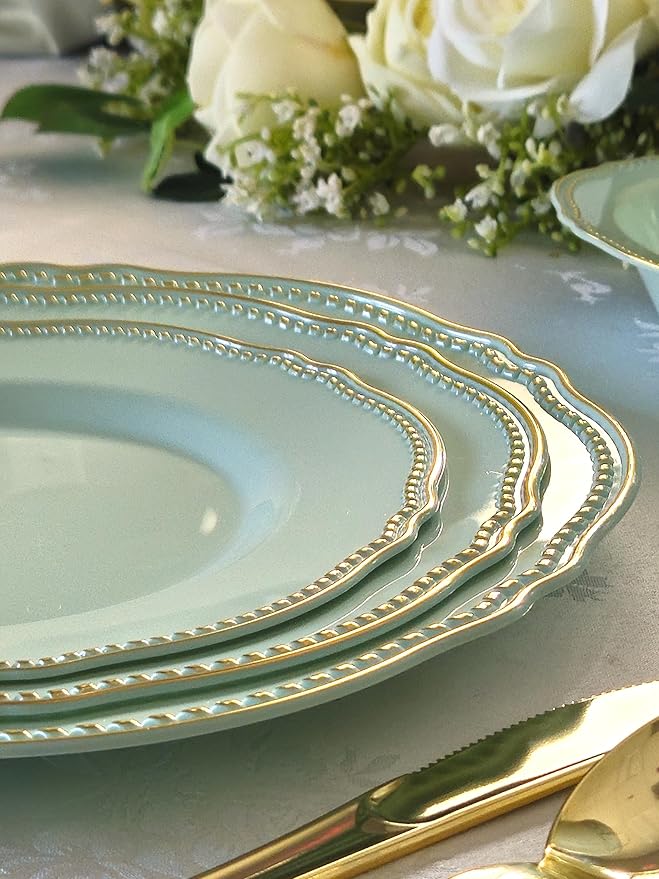 " OCCASIONS " 240 Plates Pack,(120 Guests) Heavyweight Premium Disposable Plastic Plates Set -120 x 10.25'' Dinner + 120 x 7.5'' Salad/Dessert (Rochelle Seafoam/Mint and Gold))