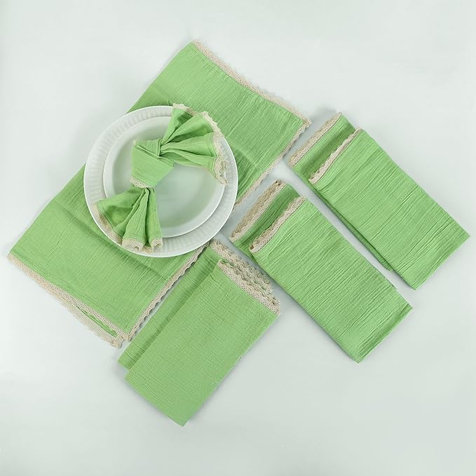 FINGERCRAFT Dinner Cloth Napkin Cotton Muslin Double Gauze 12 Pack with Classic Lace for Everyday Use, Wedding, Party, Christmas, Easter Napkins Cloth are Pre Shrunk and Good Absorbency Lettuce Green