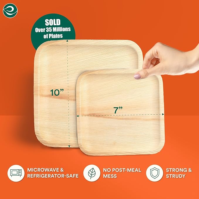 ECO SOUL Palm Leaf Square Plates 7" & 10" (50 Count) Compostable|Biodegradable| Eco-Friendly Disposable Party Plates for Appetizers - Dinner Parties, Wedding, Events & Camping Essentials