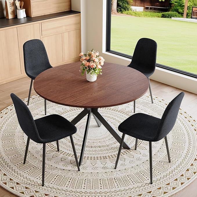 Round Dining Table Set for 4｜42"-54" Extendable Dining Room Table Set｜Wooden Kitchen Table with 4 Chairs｜Mid Century Modern Dinner Table Set with Cross Legs｜Easy Assembly｜Space Saving