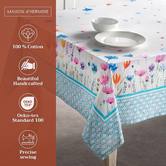 Maison d' Hermine Table Cloth Rectangle Table 100% Cotton 60 x 90 Inches Tablecloth Reusable Decorative for Dining Room Farmhouse Home Valentines Day Decorations Spring Summer - Flower in The Field
