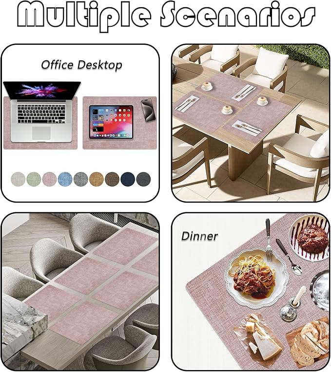 Placemats Set of 6 Faux Leather Heat Resistant Tables Mats Waterproof Oilproof Wipeable Reversible Anti-Slip Place Mats for Kitchen/Dining/Party/Outdoor 11.8" x 16.9", Pink