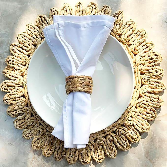 Set 24 Woven Water Hyacinth Napkin Rings | Rustic Boho Wicker Napkin Holders | Natural Farmhouse Rattan Napkin Ring for Christmas, Thanksgiving Dining Table, Wedding Party