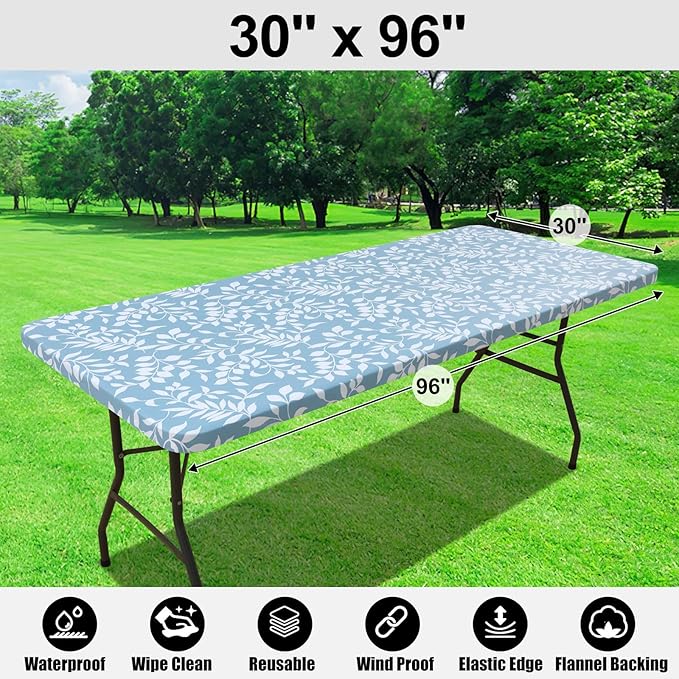 Smiry Rectangle Table Cloth Cover, Waterproof Elastic Fitted Picnic Tablecloth for 8 Foot Tables, Wipeable Flannel Backed Vinyl Tablecloths for Camping, Dining, Outdoor (Baby Blue, 30" x 96")
