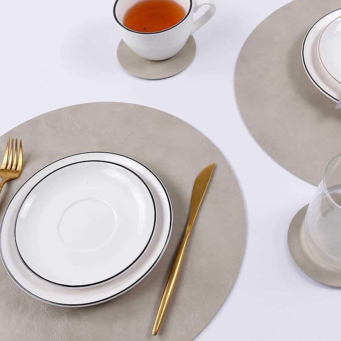 Set of 6 Faux Leather Round Placemats and Coasters, Coffee Mats Kitchen Table Mats, Waterproof, Easy to Clean for Kitchen Dining Round Table