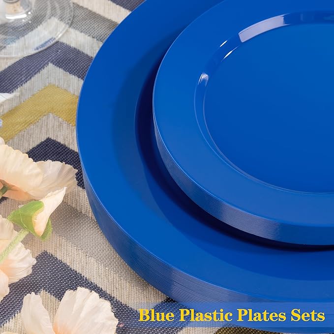 I00000 200 Pcs Plastic Plates, Plates Disposable Blue Party Plates Include 100 Blue Dinner Plate 10’’ and 100 Plastic Dessert Plate 7’’ Perfect for Wedding, Party