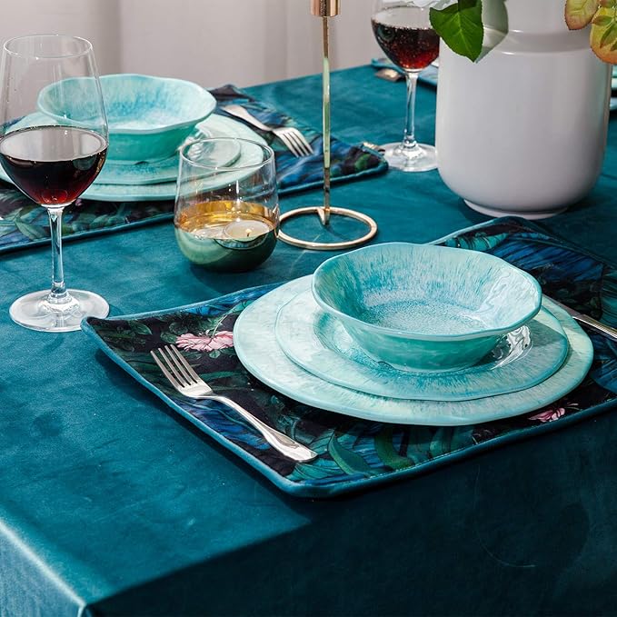 12 Pcs Melamine Dinnerware Sets, Durable Dishware Melamine Dinner Plates for Indoor and Outdoor, Aqua Plates and Bowls Sets, Dishwasher Safe Shatter Proof Chip Resistant Not Microware Not Oven(Green）