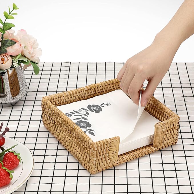 Sumnacon Napkin Holder,Wicker Napkin Holder Table,Rattan Napkin Basket,Square Napkin Tray,Flat Napkin Holders for Kitchen Dinning Table Desk Counter Restaurant Party Bar,Honey Brown