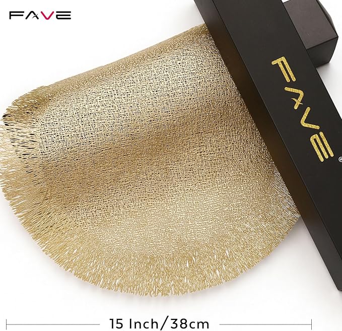 FAVE Round Gold Vinyl Placemats Set of 4, Washable Hollow Out Fringe Place Mats for Wedding, Party, Birthday, Restaurant Decor and Daily Dining(15 inch)