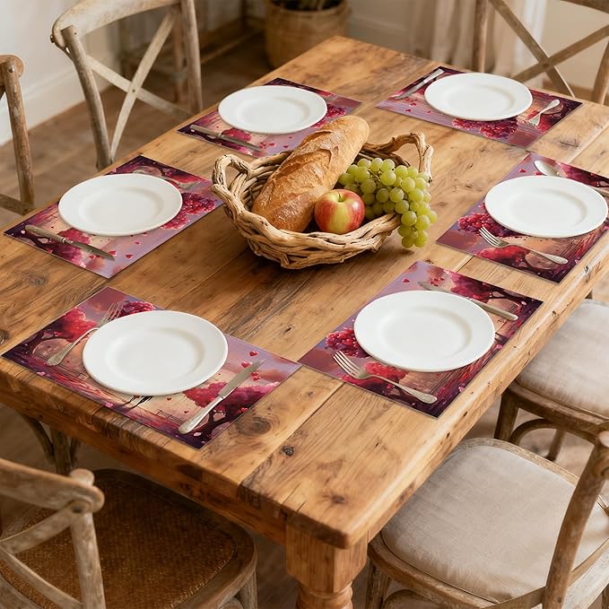 Valentines Day Placemats Set of 6, Valentines Love Heart Heat Resistant Washable Table Placemats for Christmas, Thanksgiving, Party, and Daily Dining