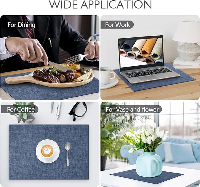 Faux Leather Placemats Set of 4 Washable PU Table mats for Kitchen Table - Heat Resistant, Waterproof, Easy Clean, Anti Slip 11.8" x 17" (Dark Blue-4 Pack)