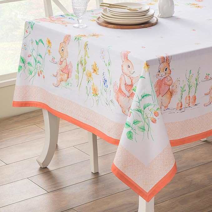 Maison d' Hermine Table Cloth Rectangle Table 100% Cotton 60 x 90 Inches Tablecloth Reusable Decorative for Dining Room Farmhouse Home Valentines Day Decorations Spring Summer - Bunny Party