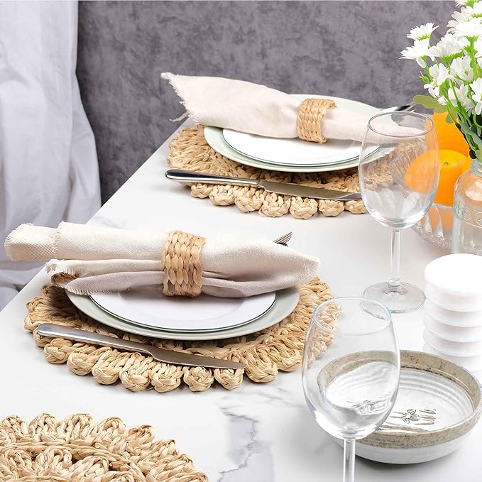 15" Corn Husk Woven Round Placemats Set of 6 - Wicker Boho Farmhouse Placemats - Rattan Table Mats Like Water Hyacinth for Dining Table, Wedding, Home