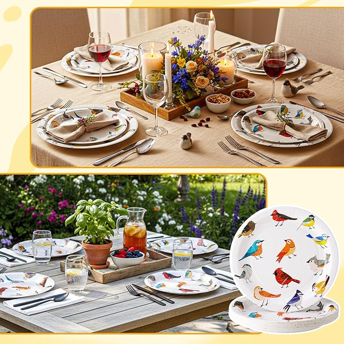 48 Pcs Playful Birds Paper Plates Set Include 9 Inch and 7 Inch Colorful Little Birds Texture Disposable Plates Spring Summer Decorative Party Tableware for Home Table Party Supplies