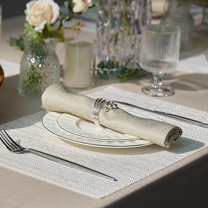 Leetaltree Luxury White and Silver Woven Placemats Set of 4 - Waterproof Washable Textured Table Mats for Wedding, Anniversary, Daily Use - Sparkling Metallic Thread Table Decor - Hand-Cut