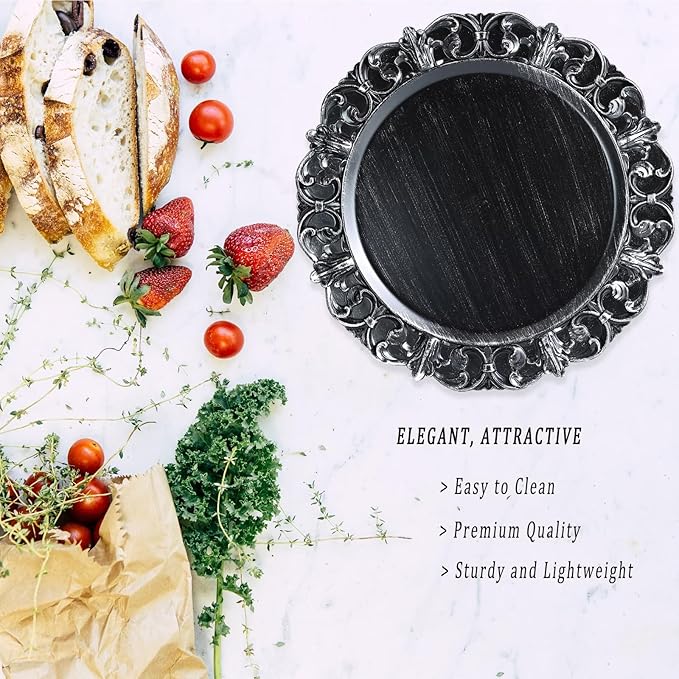 Black Charger Plates Set of 6, Decorative Table Plastic Chargers for Dinner Plates, Party, Wedding, Thanksgiving, Christmas, 11B