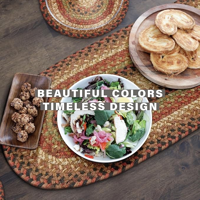 Homespice Gingerbread Jute Braided Table Runner, Warm Country Decor, Set of 2, Brown Oval 8x28 - Rich Colors, Easy to Clean, Durable and Protects Furniture