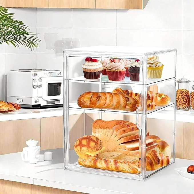 Attelite Pastry Display Case,2 Pack 4 Layers Adjustable Clear Bread Box for Kitchen Countertop,Bread Storage with Magnetic Door Bakery Pastry Display15.5x11.4x9.8inch