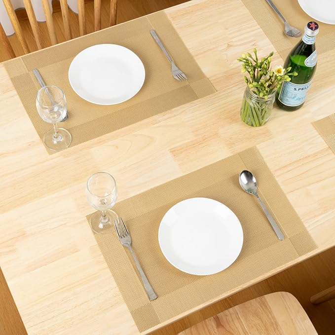 Winknowl Placemats Set of 4, Washable Vinyl Woven Placemats, Heat Resistant & Wipeable Table Mats for Kitchen Dining Table (Golden)