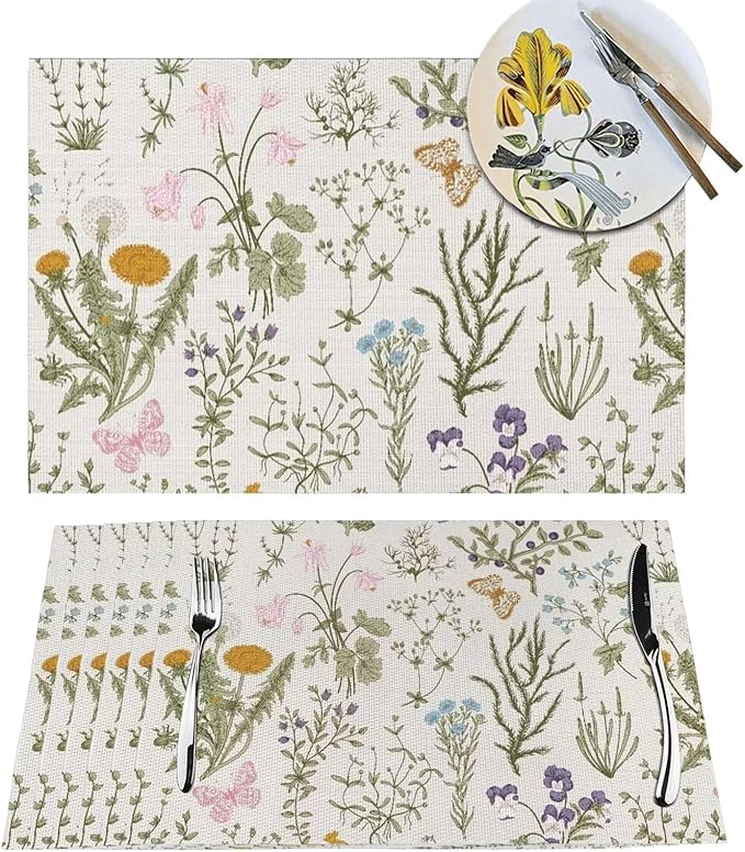 Placemats Set of 4 Vintage Wildflower Herbs Floral Rustic Butterfly Place Mats Floral Woven Table Mats Washable PVC Placemat for Dining Kitchen Decor Indoor Outdoor, 12 x 18 Inch