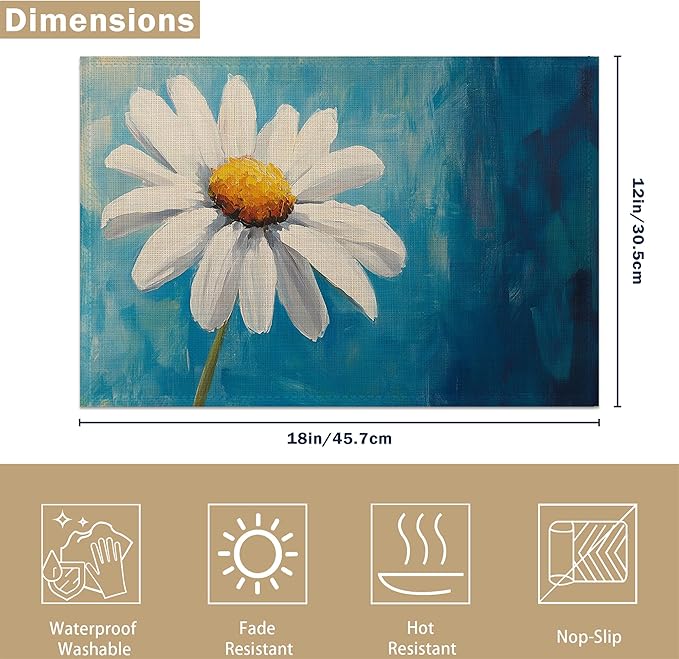 Table Placemats Set of 6, Waterproof Linen Fabric, Non-Slip Backing & Easy Clean, Elegant Dining Table Protectors for Family and Guests(Vintage Daisy Flower)