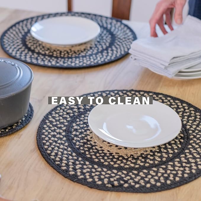Homespice Manchester Jute Woven Round Placemats Set of 6, 15", Country Primitive Decor, Black and Tan Table Mats - Vibrant Colors, Durable, Easy to Clean and Protects Furniture
