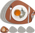 Placemats and Coasters, Washable Placemats Round Faux Leather Wipeable Place Mats Non Slip Heat Resistant Indoor Outdoor Table Mats (Set of 4, Light Gray Reddish Brown)
