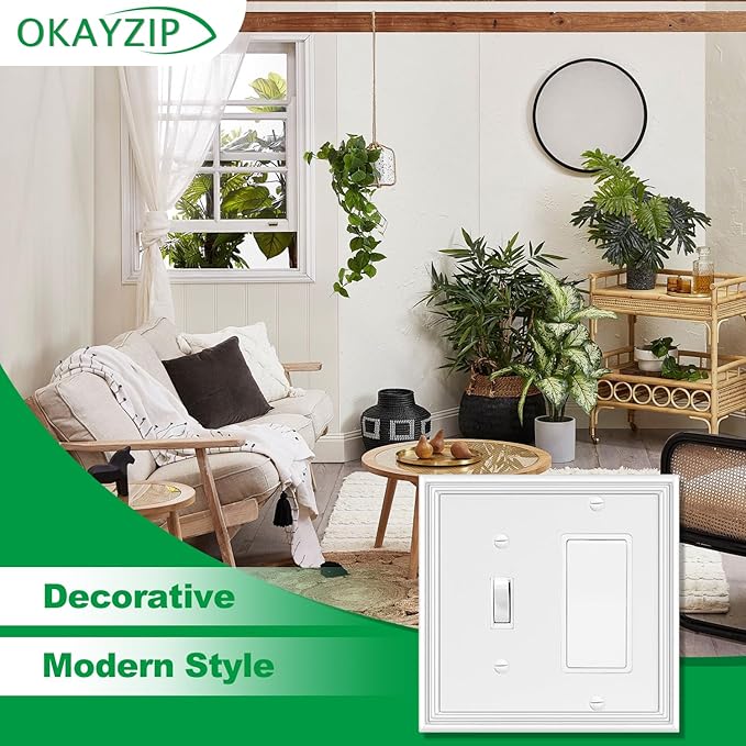 White Decorative Combination Light Switch Covers Wall Plate, Natural Material Rocker Switch Plate Outlet Covers - Modern Style (2 Gang Toggle/Decorator 2 Pack)